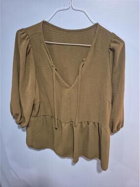 SHEIN Curve 1XL Brown Peplum Blouse with Puff Sleeves